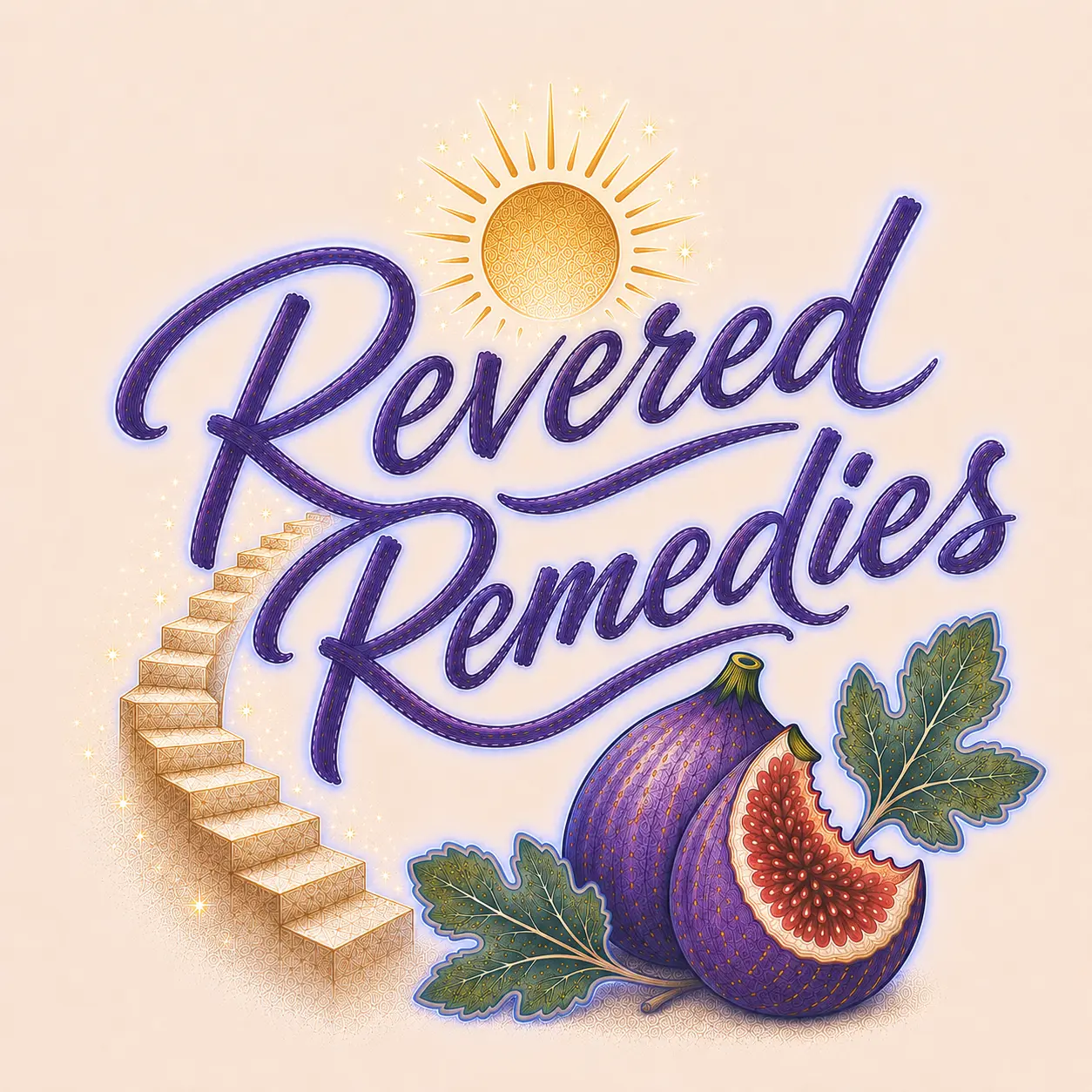 Revered Remedies logo with a sun, fig, and botanical leaves