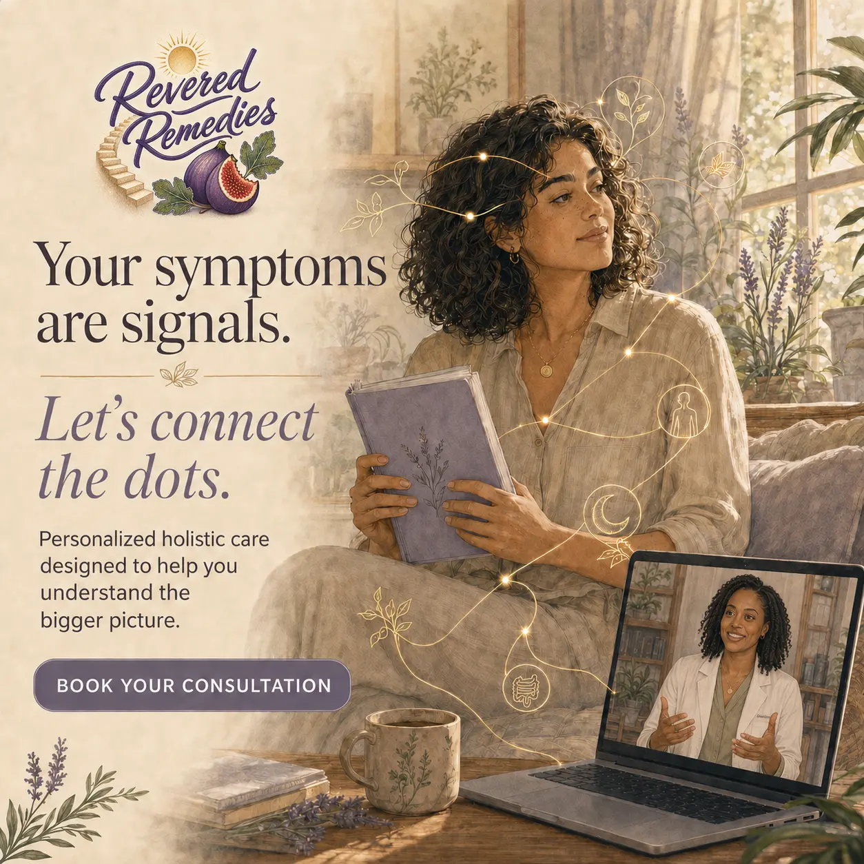 A calm virtual holistic health consultation in a botanical home setting